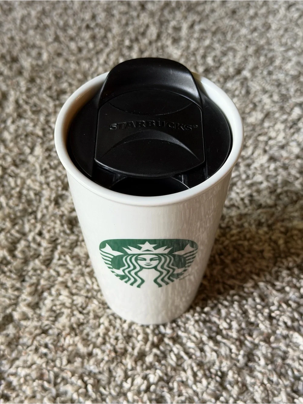 Starbucks White Tumbler with Green Logo and Black Lid